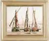 Taber Sears, Morning Mist on the Nile, Wonderful watercolor with vivid colors shows three sailboats pulled up on sandy beach. Water and mountains beyond