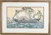 Harry Loud Bridwell, Roman Galley, Gouache illustration of a manned Roman ship in full sail flying many flags