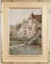 Emma Lampert Cooper, Old Mill Clisson, France, Oil on canvas scene shows stone mill with gated damn, trees and other buildings. Viewer looks across water to mill
