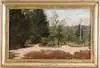 John Dabour, Boston Public Gardens, Oil on canvas mounted on board scene shows formal gardens with sandy pathways and tall birdhouse
