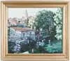 R.H. Woolfolk, Cathedral and River Charante, Cognac, France, Colorful oil on canvas shows view overlooking town with colorful buildings, trees and steeple