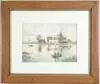 W. Fleming, Horning Ferry, Norfolk Broads, Watercolor scene shows large house on one side of water with sailboat ferry crossing. Two men in boat fish in foreground