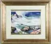 John Lavalle, Crashing Surf, Watercolor of white and green surf against rocky coast. Deep blue water