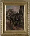 Geofrey Mortimer, Horse Teams, Oil on panel scene shows two horse teams with a rider on each along a dirt road