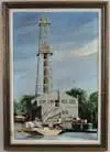 Barbara Comfort, Dock with Drilling Tower, Oil on masonite shows large gray building with tall steel tower. Barge and tugboat beside