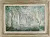 Thera Case, Lone Heron, Oil on canvas scene shows tall white bird standing in sunlit woods