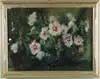 Bertha Menzler-Peyton, White Flowers in Blue Vase, Oil on canvas still life shows large blue vase with white flowers with green leaves. Set on a green table top