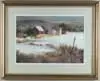 Joyce Williams, December Evening, Watercolor on paper scene shows Maine farm house with red barn. Snow covered fields with purple hills and blue sky