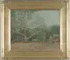 James D. Waring, Old Barn Yard Boonton, Nj, Oil on board impressionistic scene shows large sycamore tree in amongst barns and house. Soft pallet of blues and greens