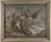 William Howard Edward Starkweather, Allegorical Scene “The Whips of Olympus, Oil on canvas painting shows a man at coastal edge being descended upon by three winged avengers with whips