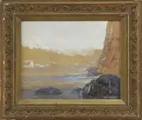 Robert Gaston Herbert, Monhegan Cliffs, Watercolor coastline scene shows tall rocky cliffs near calm ocean with sailboats and seagulls