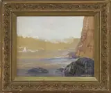 Robert Gaston Herbert, Monhegan Cliffs, Watercolor coastline scene shows tall rocky cliffs near calm ocean with sailboats and seagulls
