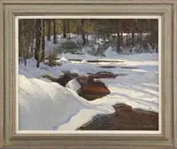 Ken Gore, Snow on the Brook, Oil on canvas winter scene shows a partially snow covered brook lined with trees having shadows in sunlit areas