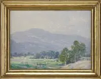 Intervale Nh by William S. Robinson, Oil on board summer scene shows the White Mountains as a backdrop to the valley with fields & trees, offered Feb 2012