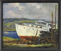 Boat at Dry Dock by Wayne Beam Morrell, Oil on board scene shows a white & red hulled fishing boat in dry dock with water, figure in boat and land beyond, offered Feb 2012