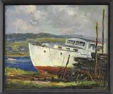 Wayne Beam Morrell, Boat at Dry Dock, Oil on board scene shows a white & red hulled fishing boat in dry dock with water, figure in boat and land beyond