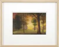 Deep Roots, Old Strength #11 by Michael H. Lewis, Oil wash on paper landscape scene shows tall trees on grass area with a backdrop of a colorful sunset, offered Feb 2012
