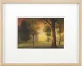 Michael H. Lewis, Deep Roots, Old Strength #11, Oil wash on paper landscape scene shows tall trees on grass area with a backdrop of a colorful sunset