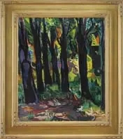 Trees by Ben Benn, Oil on canvas landscape scene shows six large trees amongst a sunlit forest floor, offered Feb 2012