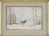 Edwin Willard Deming, Bull Moose in Winter, Gouache winter scene shows a large bull moose standing beside a frozen lake with birches and snow covered hills beyond