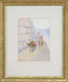 Edwin Willard Deming, Pack Mules on a Cliff Side Trail, Gouache western scene shows three mules laden with packs driven by a Native American along a cliff side path