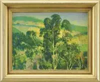George Henry Melcher, California Hills, Oil on board summer scene shows a green & yellow hillside with foreground trees