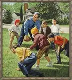James Edward Seward, Off Duty, Oil on canvas illustrative scene shows an off duty policeman playing football with six boys