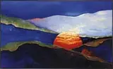 John Squadra, Sunrise, Large oil on canvas scene shows the sun rising amongst intersecting landscape forms. Deep blue sky top