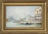 Pierre Eugène Montézin, Grand Canal-Venice, Oil on board scene shows an intersection of canals with gondolas, people, and buildings