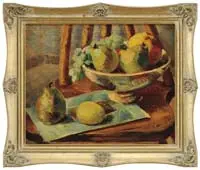 Samuel Halpert, Still Life of Fruit, Oil on canvas shows a Windsor type chair holding a footed bowl of fruit with a rectangular plate having a pear and lemon