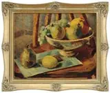 Samuel Halpert, Still Life of Fruit, Oil on canvas shows a Windsor type chair holding a footed bowl of fruit with a rectangular plate having a pear and lemon