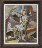 Oskar Kokoschka, Abstract Figure, Oil on masonite scene shows a woman seated in a chair against a multi-colored background