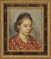 Head Study by Louis Ritman, Oil on board shoulder length portrait of a woman with white flower decorated red blouse, offered Feb 2012