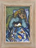 Alfred P. Czerepak, Reading with the Cat, Oil on canvasboard shows a red-haired girl seated in an armchair with a cat, book, and quilt on her lap
