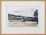 Wolf Kahn, Purple Barn in Landscape, Limited edition lithograph shows a barn with fenced field looking on to low hill with fields and trees