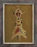Abstraction, 1953 by Francesco Di Cocco, Oil on canvasboard abstract scene shows a central vertical shape against a medium brown background, offered Feb 2012