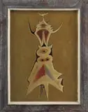 Francesco Di Cocco, Abstraction, 1953, Oil on canvasboard abstract scene shows a central vertical shape against a medium brown background