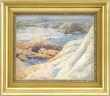Marion P. Howard, The White Rocks, Oil on board coastal scene shows foreground white granite rocks along a coastline with water and rock outcroppings