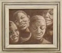 Joan Savo, Smiling Faces, Oil on masonite scene shows four smiling faces against a brown background