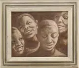 Joan Savo, Smiling Faces, Oil on masonite scene shows four smiling faces against a brown background