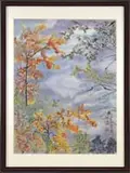 Mme. Hengyi Aixinjueluo, Rising Mist Through the Trees, Watercolor scene shows a landscape with mist rising over valley with foreground colorful trees