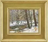 Thomas M. Nicholas, Woodland Stream, Oil on masonite winter landscape shows a stream with snowy banks winding through light woods