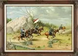 F Thomas Quigley, The Cavalry Charge, Oil on canvas Civil War scene shows five men with pistols drawn charging ahead on horseback through rock & grass area
