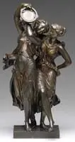 Henry Étienne Dumaige, Two Dancers with Tambourine, Bronze sculpture of two maidens close together, one holds a tambourine