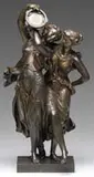 Henry Étienne Dumaige, Two Dancers with Tambourine, Bronze sculpture of two maidens close together, one holds a tambourine