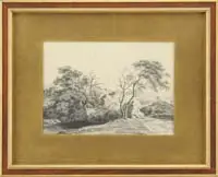Ivan Shishkin, Landscape Study, Graphite drawing depicting a dirt road winding through rock & bush area with a stream and large rock in foreground