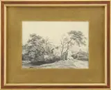 Ivan Shishkin, Landscape Study, Graphite drawing depicting a dirt road winding through rock & bush area with a stream and large rock in foreground