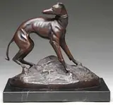 Greyhound by Jean-François-Théodore Gechter, Bronze sculpture of a standing greyhound looking back. He stands atop a naturalistic oval ground, offered Aug 2011