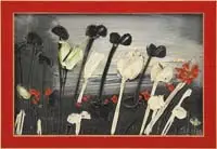 Thanos Tsingos, Poppies, Oil on canvas scene shows black, white, & red poppies against a shaded black to white background