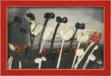 Thanos Tsingos, Poppies, Oil on canvas scene shows black, white, & red poppies against a shaded black to white background